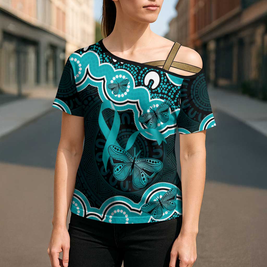 Cyan Ribbon PTSD Awareness Month Cross Shoulder Shirt Aboriginal Art - Aussie Hoodie