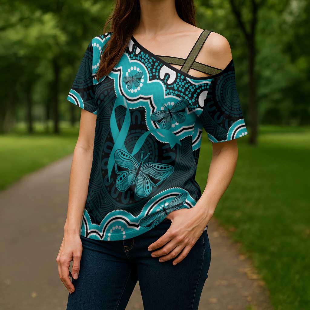 Cyan Ribbon PTSD Awareness Month Cross Shoulder Shirt Aboriginal Art - Aussie Hoodie