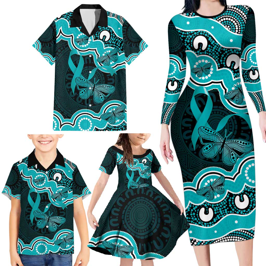Cyan Ribbon PTSD Awareness Month Family Matching Long Sleeve Bodycon Dress and Hawaiian Shirt Aboriginal Art - Aussie Hoodie