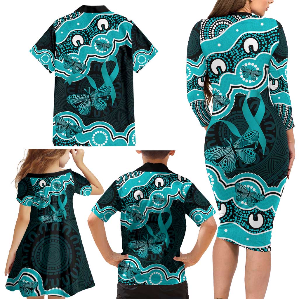 Cyan Ribbon PTSD Awareness Month Family Matching Long Sleeve Bodycon Dress and Hawaiian Shirt Aboriginal Art - Aussie Hoodie