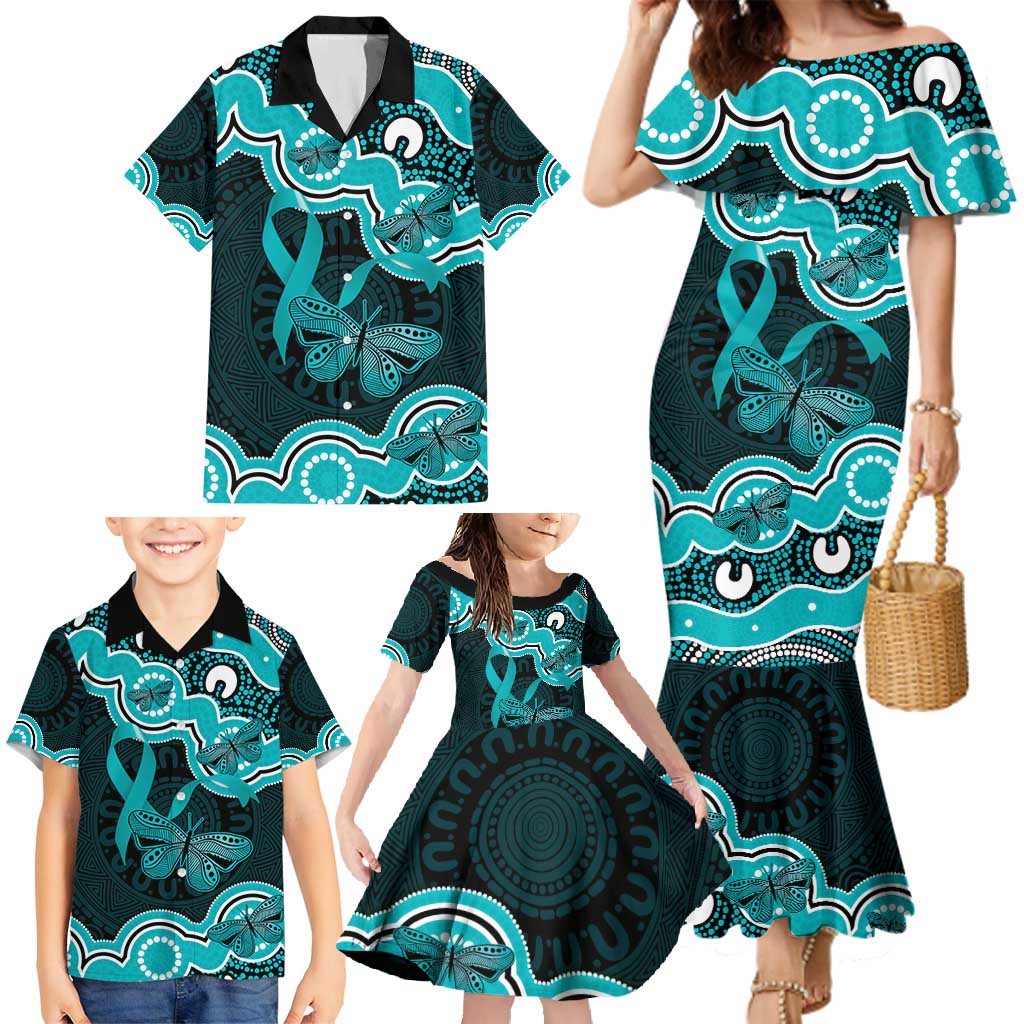 Cyan Ribbon PTSD Awareness Month Family Matching Mermaid Dress and Hawaiian Shirt Aboriginal Art - Aussie Hoodie