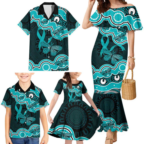 Cyan Ribbon PTSD Awareness Month Family Matching Mermaid Dress and Hawaiian Shirt Aboriginal Art - Aussie Hoodie
