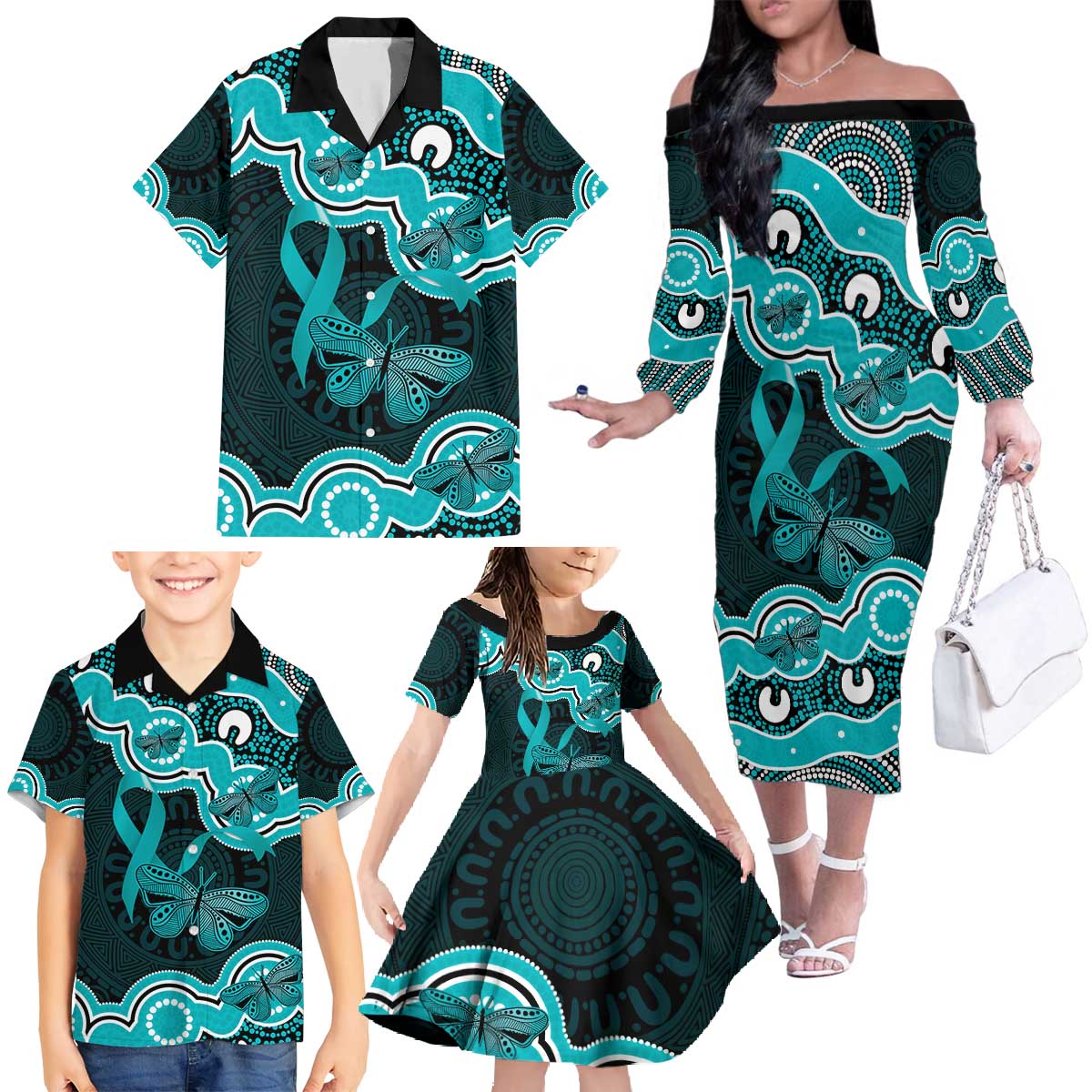Cyan Ribbon PTSD Awareness Month Family Matching Off The Shoulder Long Sleeve Dress and Hawaiian Shirt Aboriginal Art - Aussie Hoodie