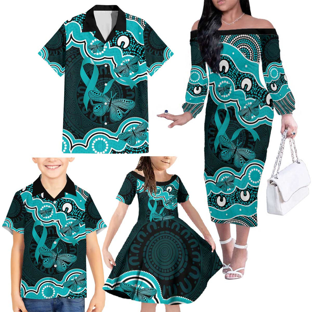 Cyan Ribbon PTSD Awareness Month Family Matching Off The Shoulder Long Sleeve Dress and Hawaiian Shirt Aboriginal Art - Aussie Hoodie