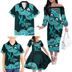 Cyan Ribbon PTSD Awareness Month Family Matching Off The Shoulder Long Sleeve Dress and Hawaiian Shirt Aboriginal Art - Aussie Hoodie