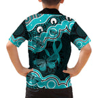 Cyan Ribbon PTSD Awareness Month Family Matching Off The Shoulder Long Sleeve Dress and Hawaiian Shirt Aboriginal Art - Aussie Hoodie
