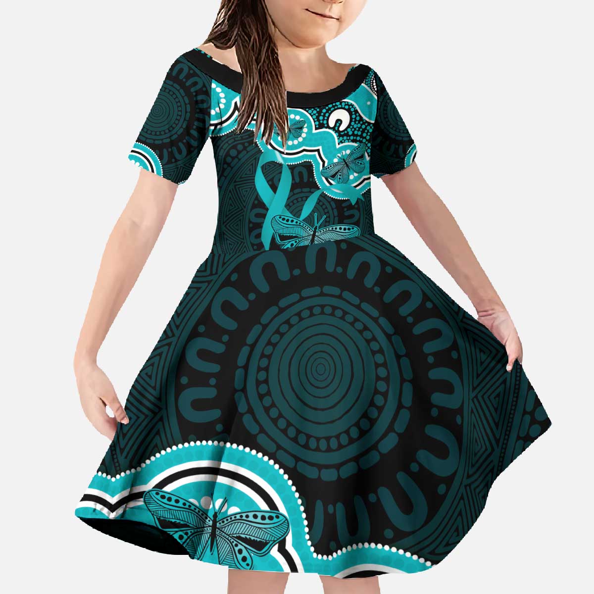 Cyan Ribbon PTSD Awareness Month Family Matching Off The Shoulder Long Sleeve Dress and Hawaiian Shirt Aboriginal Art - Aussie Hoodie