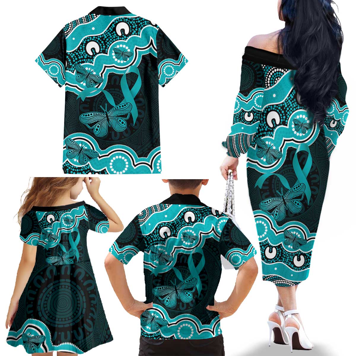 Cyan Ribbon PTSD Awareness Month Family Matching Off The Shoulder Long Sleeve Dress and Hawaiian Shirt Aboriginal Art - Aussie Hoodie