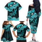 Cyan Ribbon PTSD Awareness Month Family Matching Off The Shoulder Long Sleeve Dress and Hawaiian Shirt Aboriginal Art - Aussie Hoodie