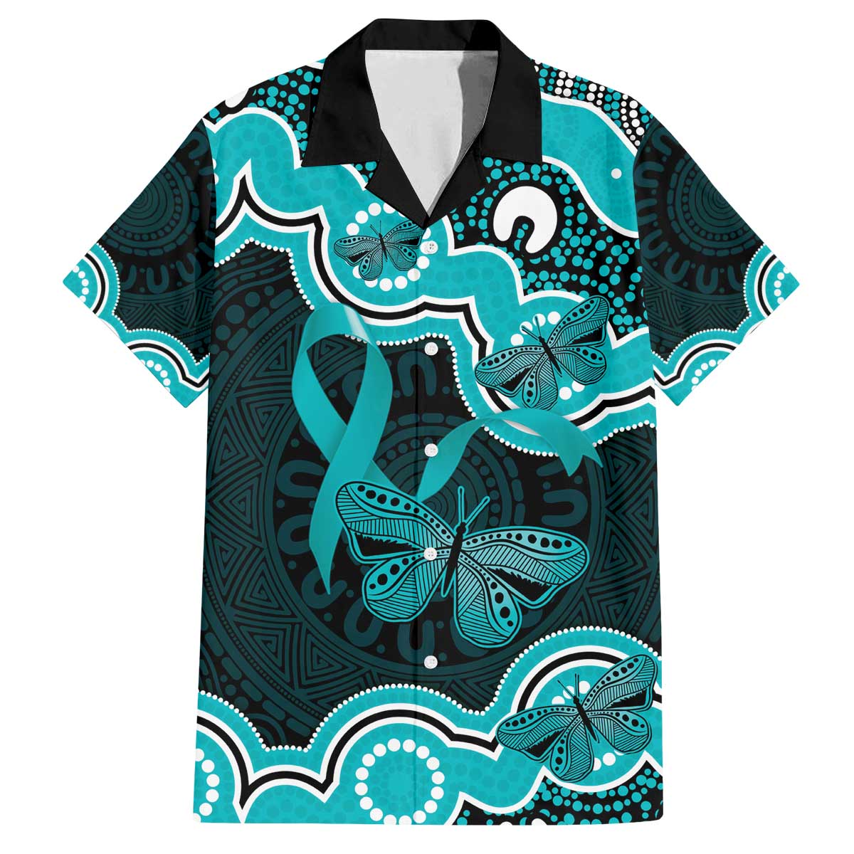 Cyan Ribbon PTSD Awareness Month Family Matching Off The Shoulder Long Sleeve Dress and Hawaiian Shirt Aboriginal Art - Aussie Hoodie