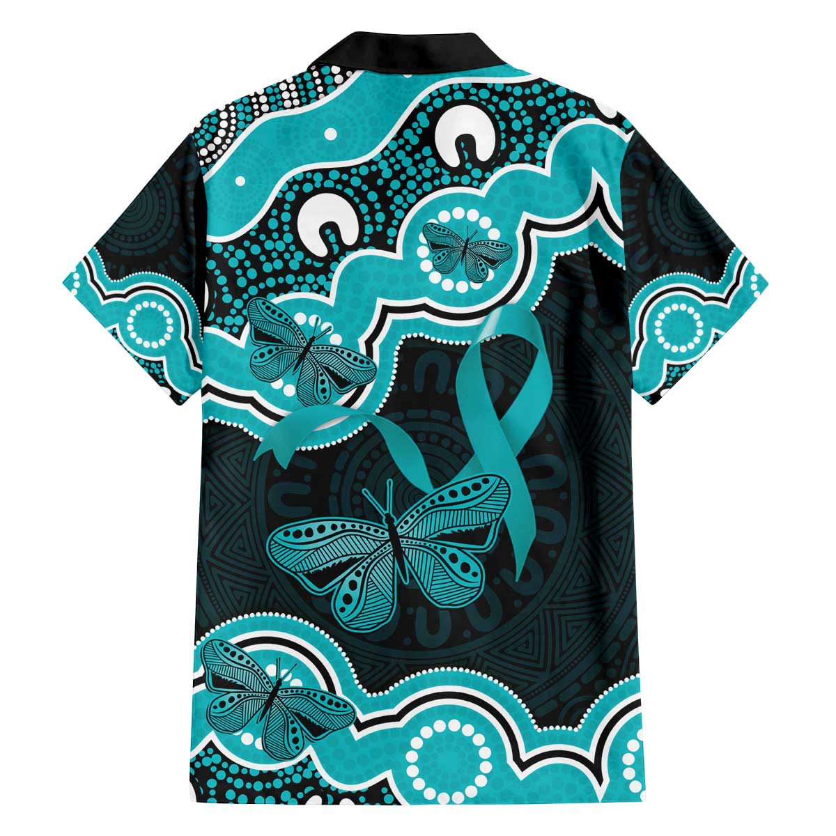 Cyan Ribbon PTSD Awareness Month Family Matching Off The Shoulder Long Sleeve Dress and Hawaiian Shirt Aboriginal Art - Aussie Hoodie