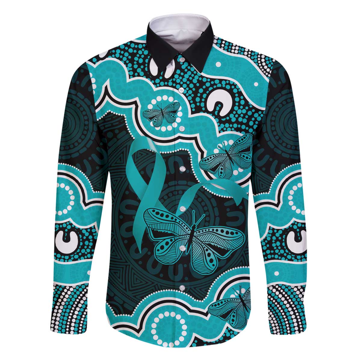 Cyan Ribbon PTSD Awareness Month Family Matching Off The Shoulder Long Sleeve Dress and Hawaiian Shirt Aboriginal Art - Aussie Hoodie