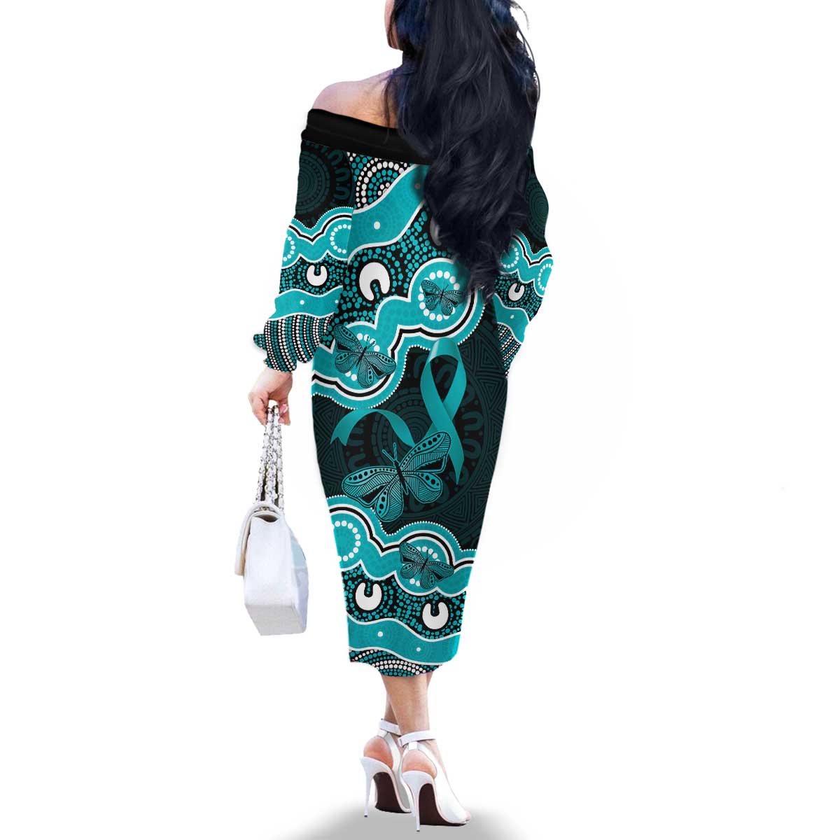 Cyan Ribbon PTSD Awareness Month Family Matching Off The Shoulder Long Sleeve Dress and Hawaiian Shirt Aboriginal Art - Aussie Hoodie