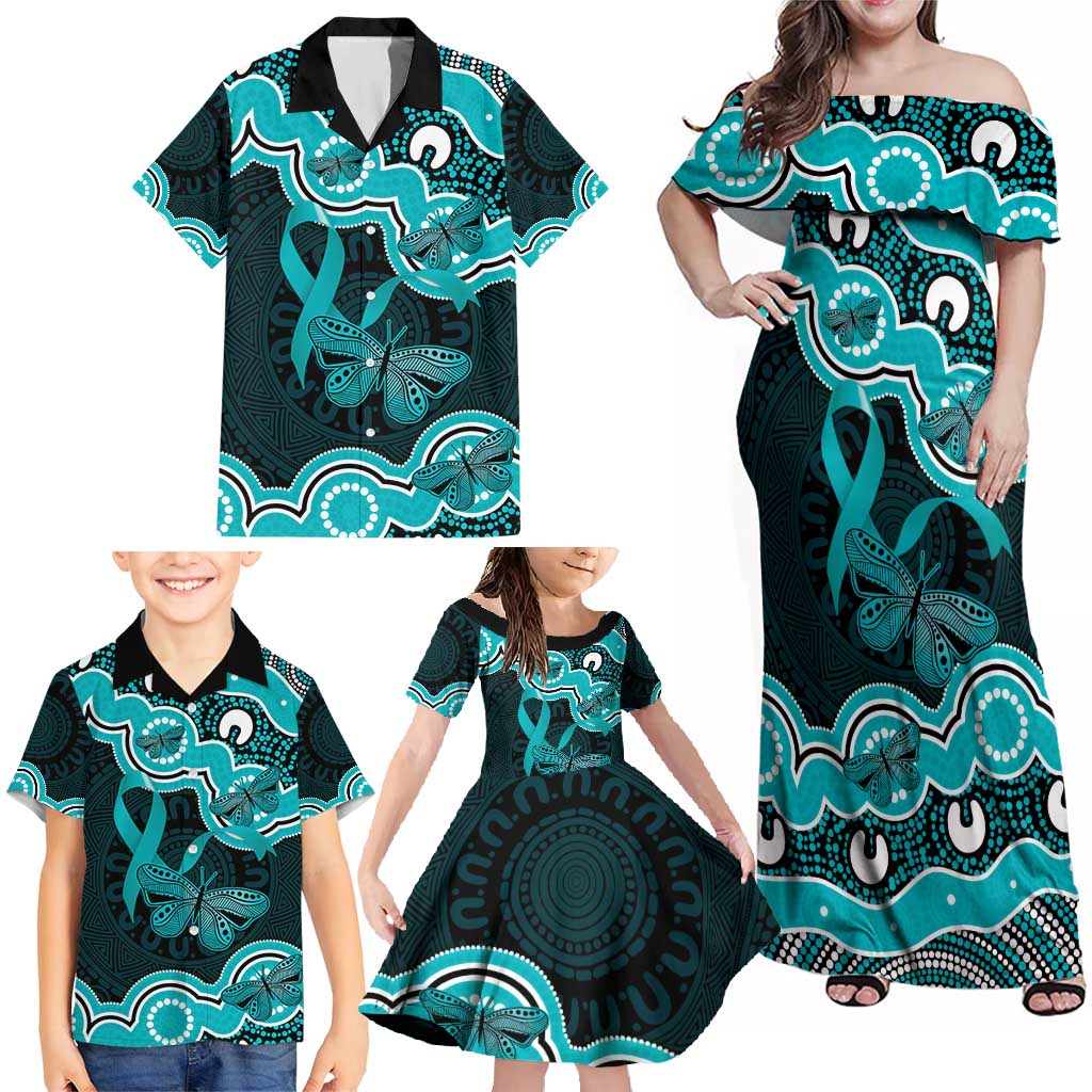 Cyan Ribbon PTSD Awareness Month Family Matching Off Shoulder Maxi Dress and Hawaiian Shirt Aboriginal Art - Aussie Hoodie