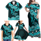 Cyan Ribbon PTSD Awareness Month Family Matching Off Shoulder Maxi Dress and Hawaiian Shirt Aboriginal Art - Aussie Hoodie