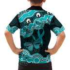 Cyan Ribbon PTSD Awareness Month Family Matching Off Shoulder Maxi Dress and Hawaiian Shirt Aboriginal Art - Aussie Hoodie