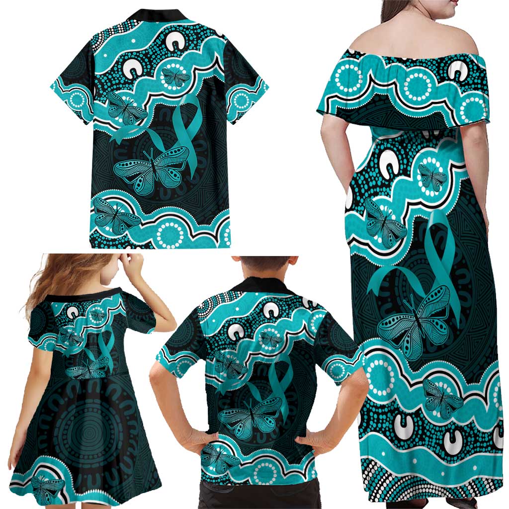 Cyan Ribbon PTSD Awareness Month Family Matching Off Shoulder Maxi Dress and Hawaiian Shirt Aboriginal Art - Aussie Hoodie