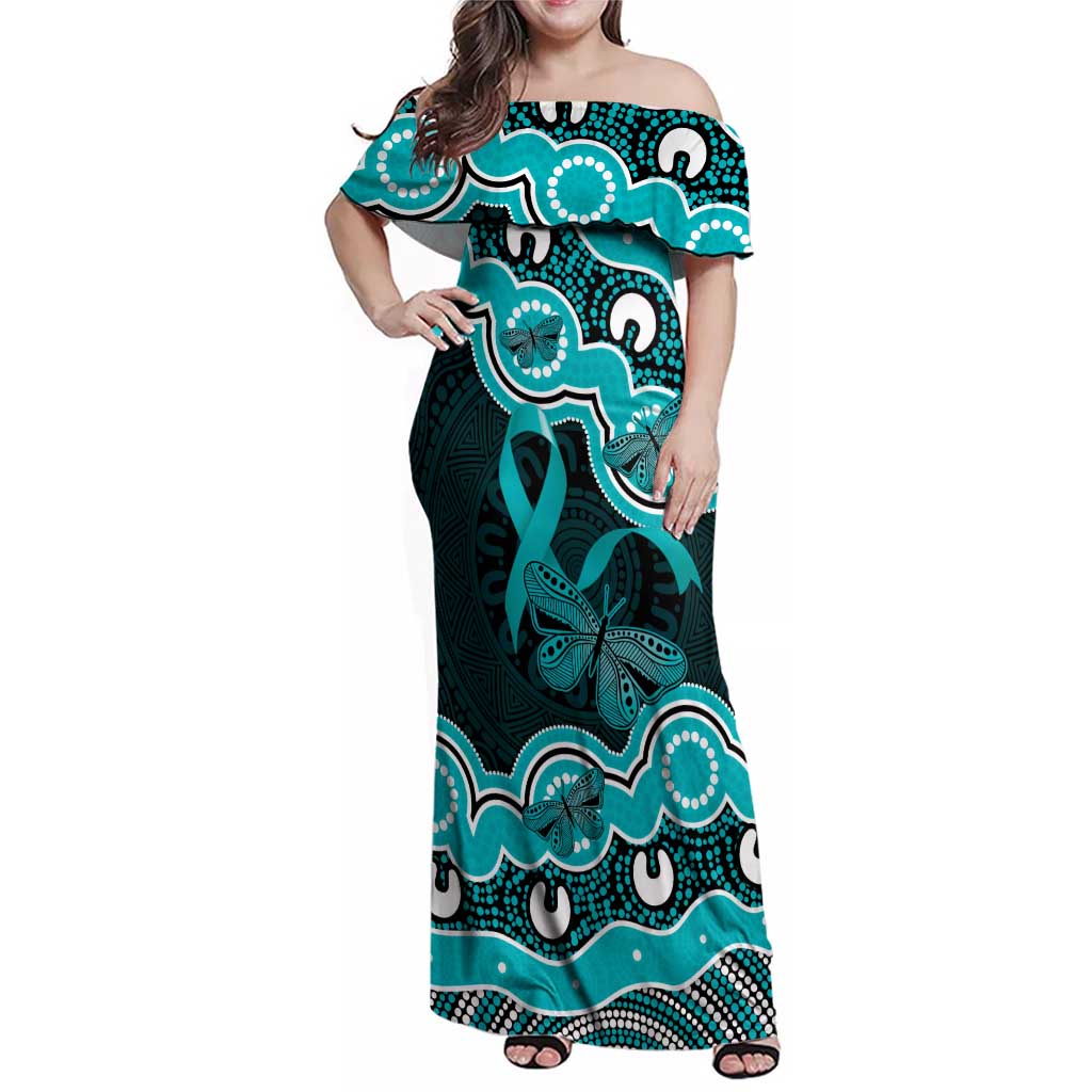 Cyan Ribbon PTSD Awareness Month Family Matching Off Shoulder Maxi Dress and Hawaiian Shirt Aboriginal Art - Aussie Hoodie
