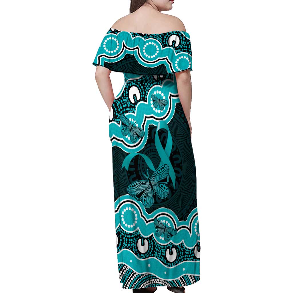 Cyan Ribbon PTSD Awareness Month Family Matching Off Shoulder Maxi Dress and Hawaiian Shirt Aboriginal Art - Aussie Hoodie