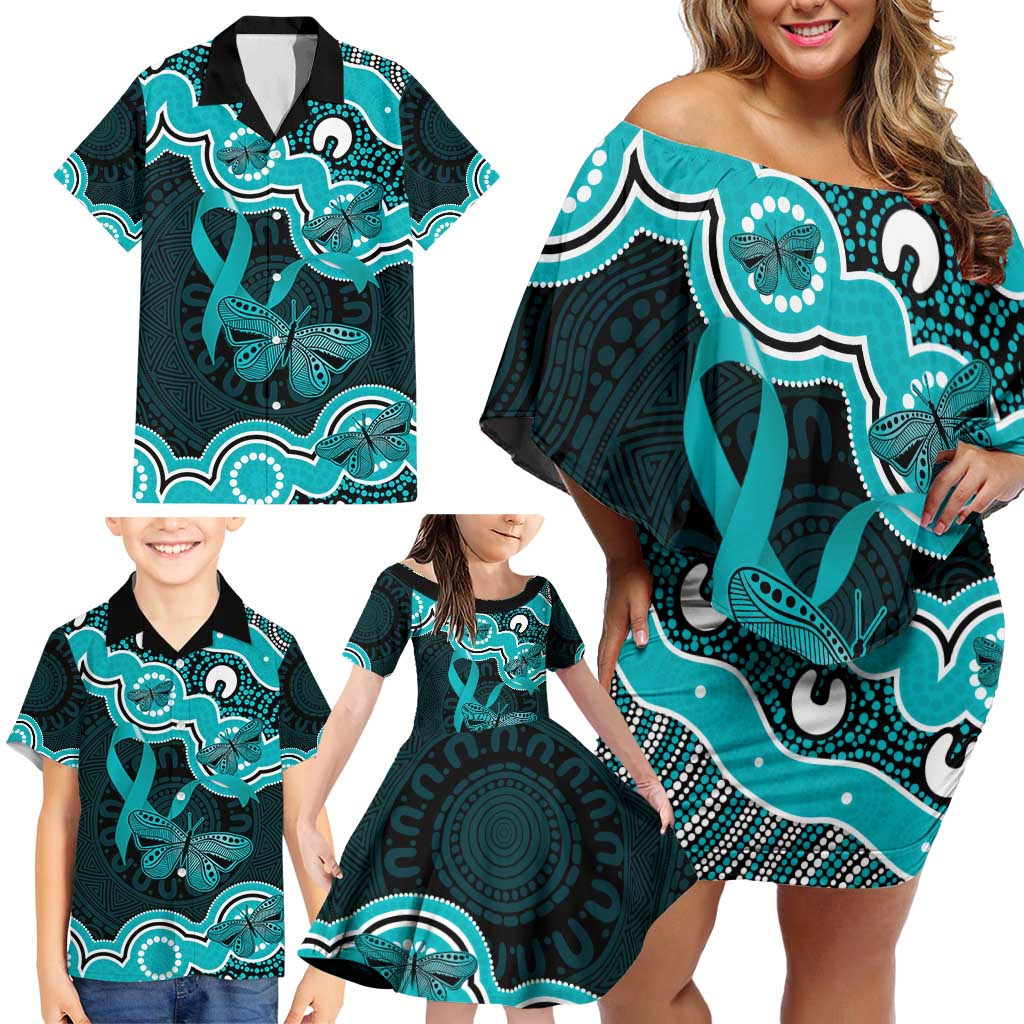 Cyan Ribbon PTSD Awareness Month Family Matching Off Shoulder Short Dress and Hawaiian Shirt Aboriginal Art - Aussie Hoodie