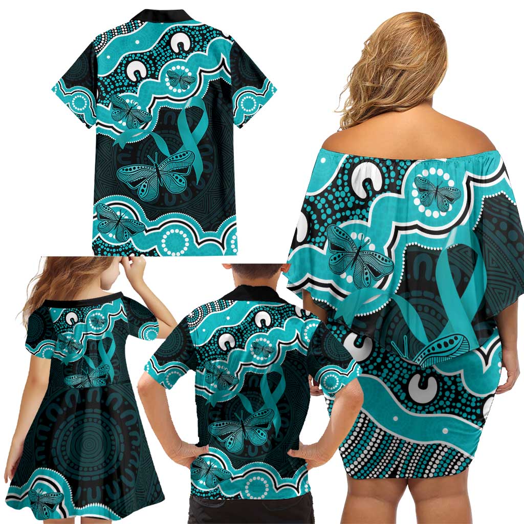 Cyan Ribbon PTSD Awareness Month Family Matching Off Shoulder Short Dress and Hawaiian Shirt Aboriginal Art - Aussie Hoodie