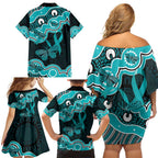 Cyan Ribbon PTSD Awareness Month Family Matching Off Shoulder Short Dress and Hawaiian Shirt Aboriginal Art - Aussie Hoodie