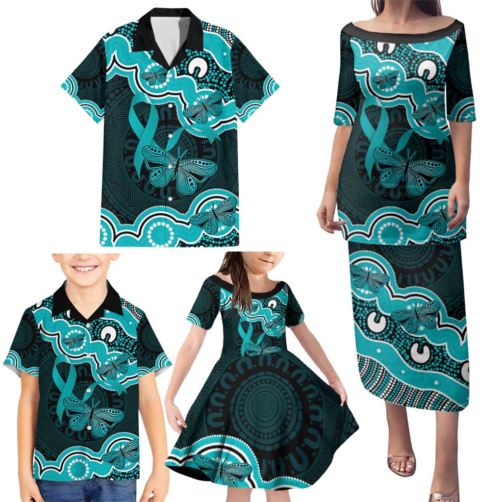 Cyan Ribbon PTSD Awareness Month Family Matching Puletasi and Hawaiian Shirt Aboriginal Art - Aussie Hoodie