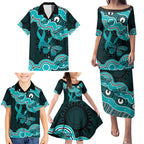 Cyan Ribbon PTSD Awareness Month Family Matching Puletasi and Hawaiian Shirt Aboriginal Art - Aussie Hoodie