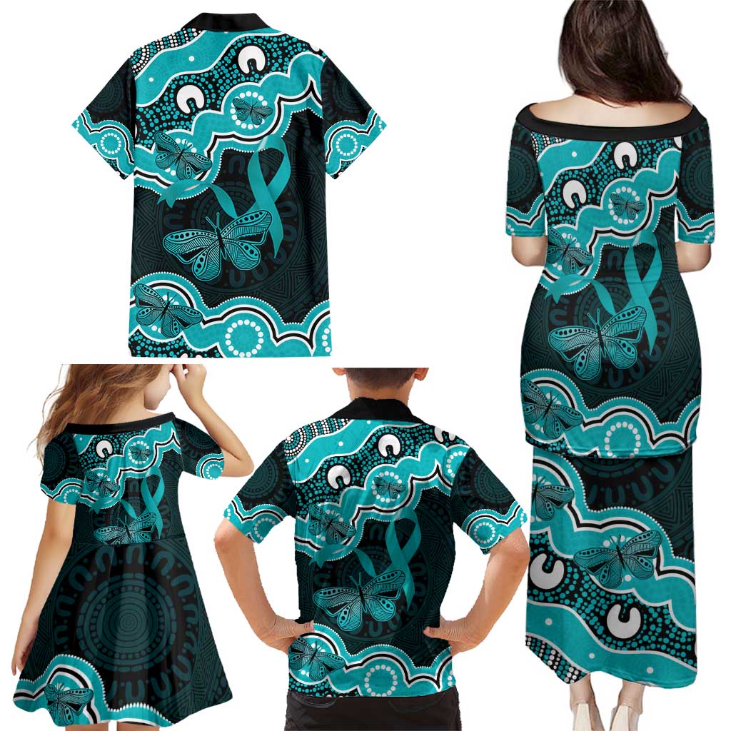 Cyan Ribbon PTSD Awareness Month Family Matching Puletasi and Hawaiian Shirt Aboriginal Art - Aussie Hoodie