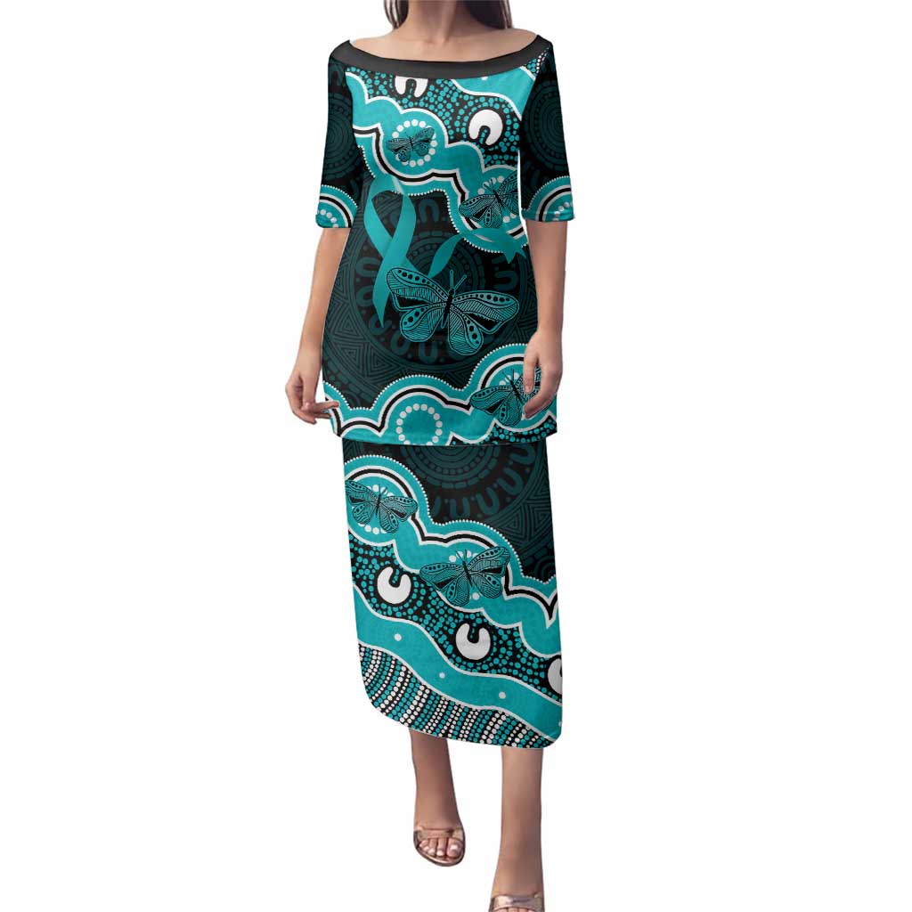 Cyan Ribbon PTSD Awareness Month Family Matching Puletasi and Hawaiian Shirt Aboriginal Art - Aussie Hoodie
