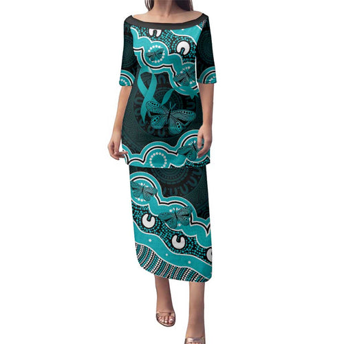 Cyan Ribbon PTSD Awareness Month Family Matching Puletasi and Hawaiian Shirt Aboriginal Art - Aussie Hoodie