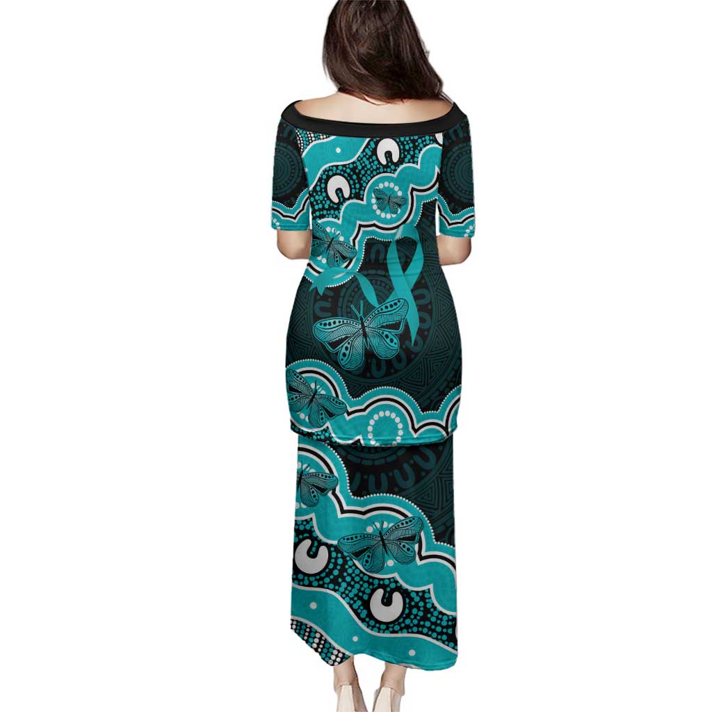 Cyan Ribbon PTSD Awareness Month Family Matching Puletasi and Hawaiian Shirt Aboriginal Art - Aussie Hoodie