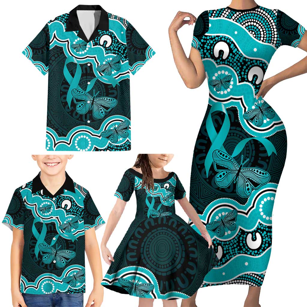 Cyan Ribbon PTSD Awareness Month Family Matching Short Sleeve Bodycon Dress and Hawaiian Shirt Aboriginal Art - Aussie Hoodie