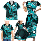 Cyan Ribbon PTSD Awareness Month Family Matching Short Sleeve Bodycon Dress and Hawaiian Shirt Aboriginal Art - Aussie Hoodie