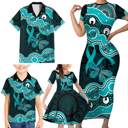 Cyan Ribbon PTSD Awareness Month Family Matching Short Sleeve Bodycon Dress and Hawaiian Shirt Aboriginal Art - Aussie Hoodie