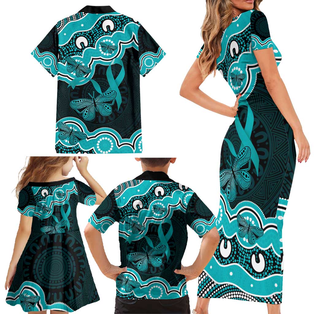 Cyan Ribbon PTSD Awareness Month Family Matching Short Sleeve Bodycon Dress and Hawaiian Shirt Aboriginal Art - Aussie Hoodie
