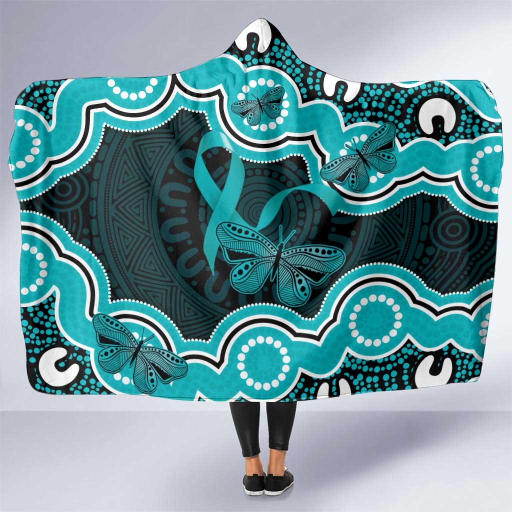 Cyan Ribbon PTSD Awareness Month Hooded Blanket Aboriginal Art - Aussie Hoodie