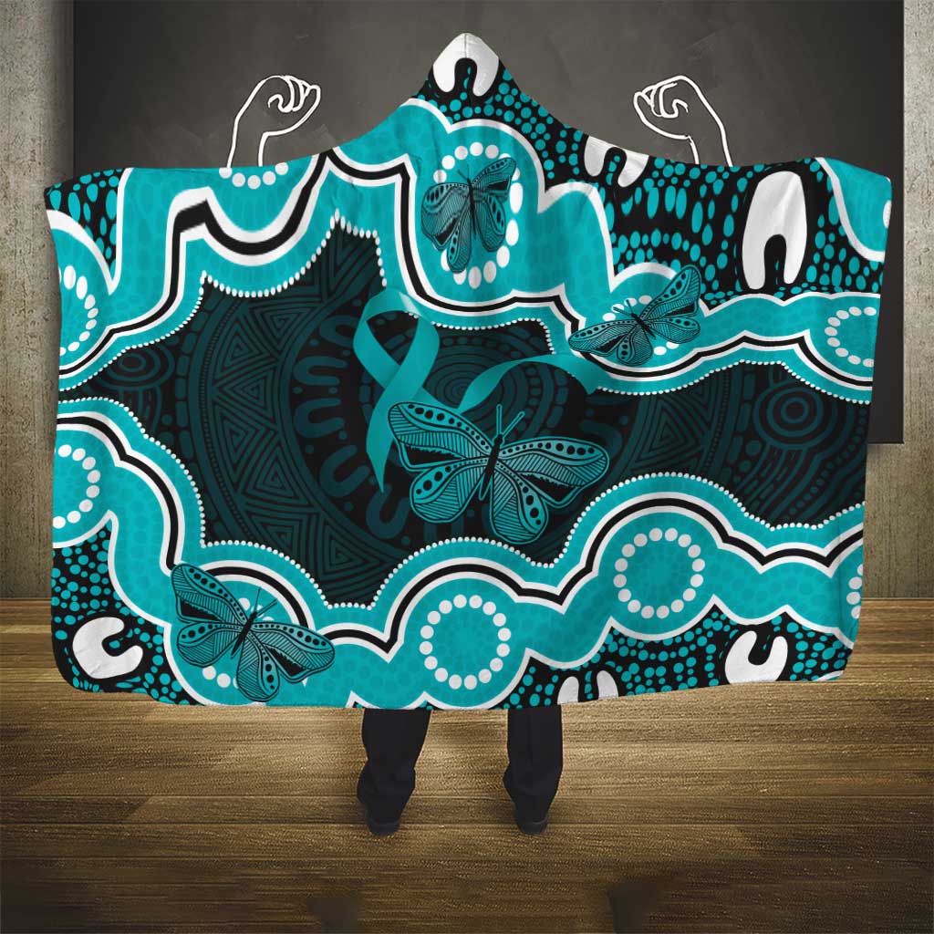 Cyan Ribbon PTSD Awareness Month Hooded Blanket Aboriginal Art - Aussie Hoodie