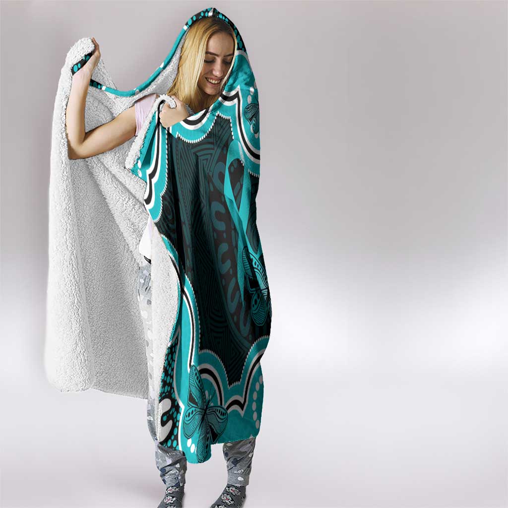 Cyan Ribbon PTSD Awareness Month Hooded Blanket Aboriginal Art - Aussie Hoodie