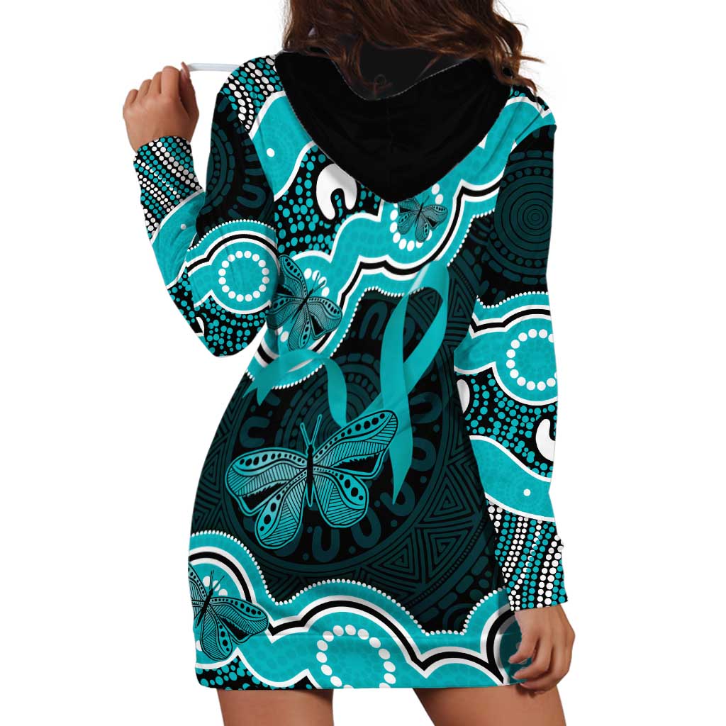 Cyan Ribbon PTSD Awareness Month Hoodie Dress Aboriginal Art - Aussie Hoodie