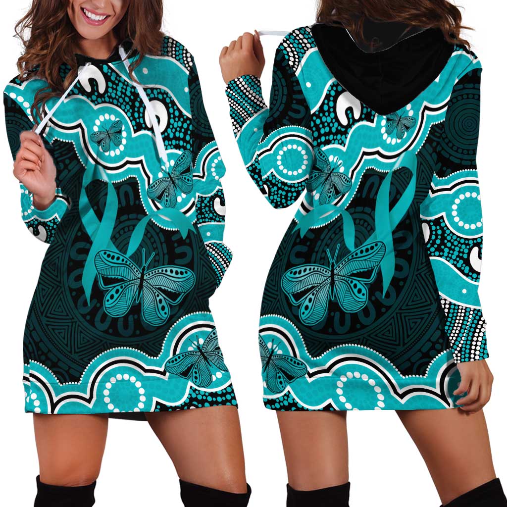 Cyan Ribbon PTSD Awareness Month Hoodie Dress Aboriginal Art - Aussie Hoodie