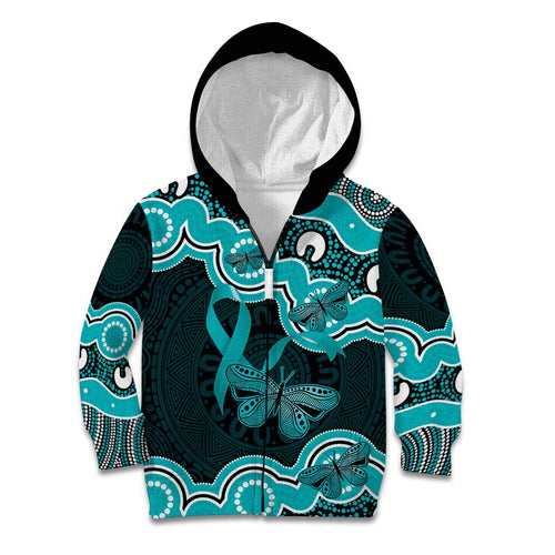 Cyan Ribbon PTSD Awareness Month Kid Hoodie Aboriginal Art - Aussie Hoodie