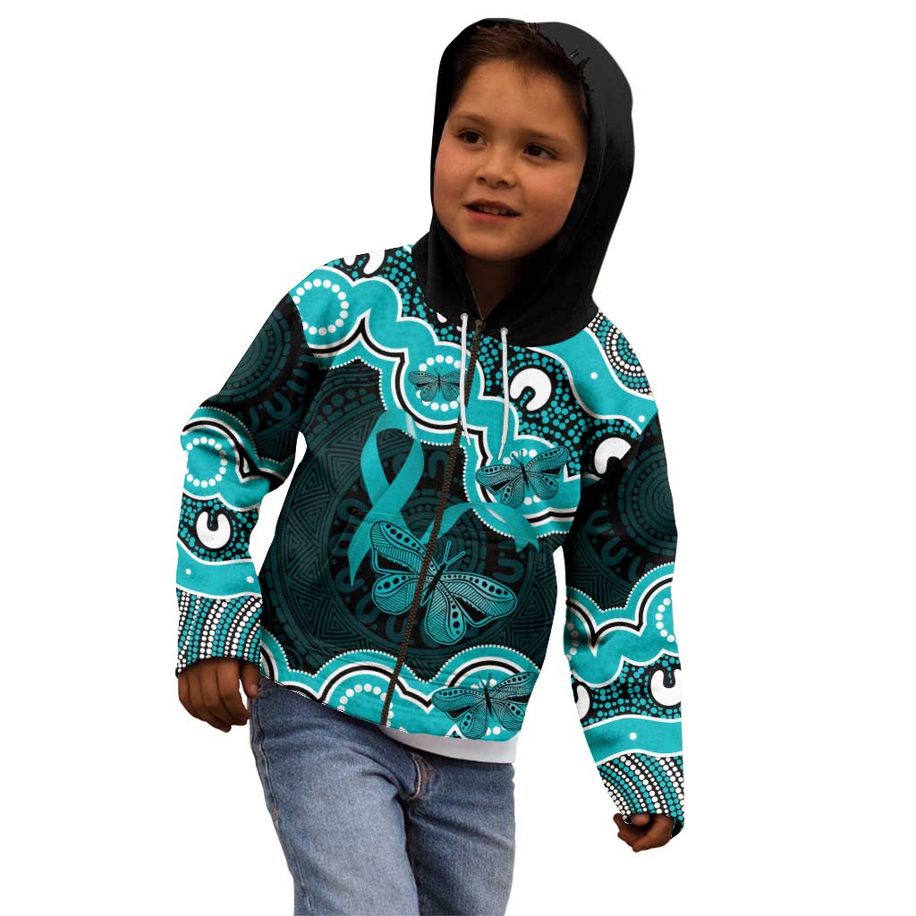 Cyan Ribbon PTSD Awareness Month Kid Hoodie Aboriginal Art - Aussie Hoodie
