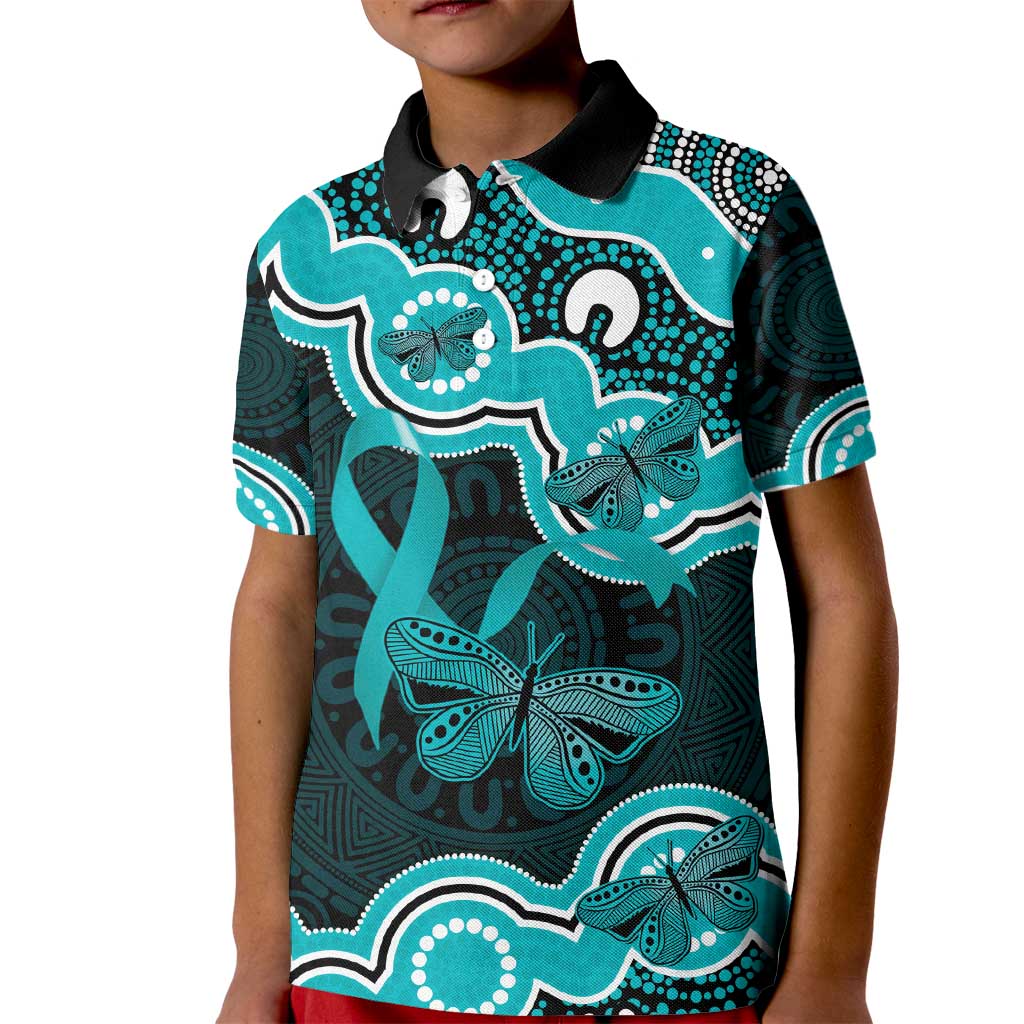 Cyan Ribbon PTSD Awareness Month Kid Polo Shirt Aboriginal Art - Aussie Hoodie