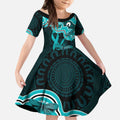 Cyan Ribbon PTSD Awareness Month Kid Short Sleeve Dress Aboriginal Art - Aussie Hoodie