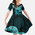 Cyan Ribbon PTSD Awareness Month Kid Short Sleeve Dress Aboriginal Art - Aussie Hoodie