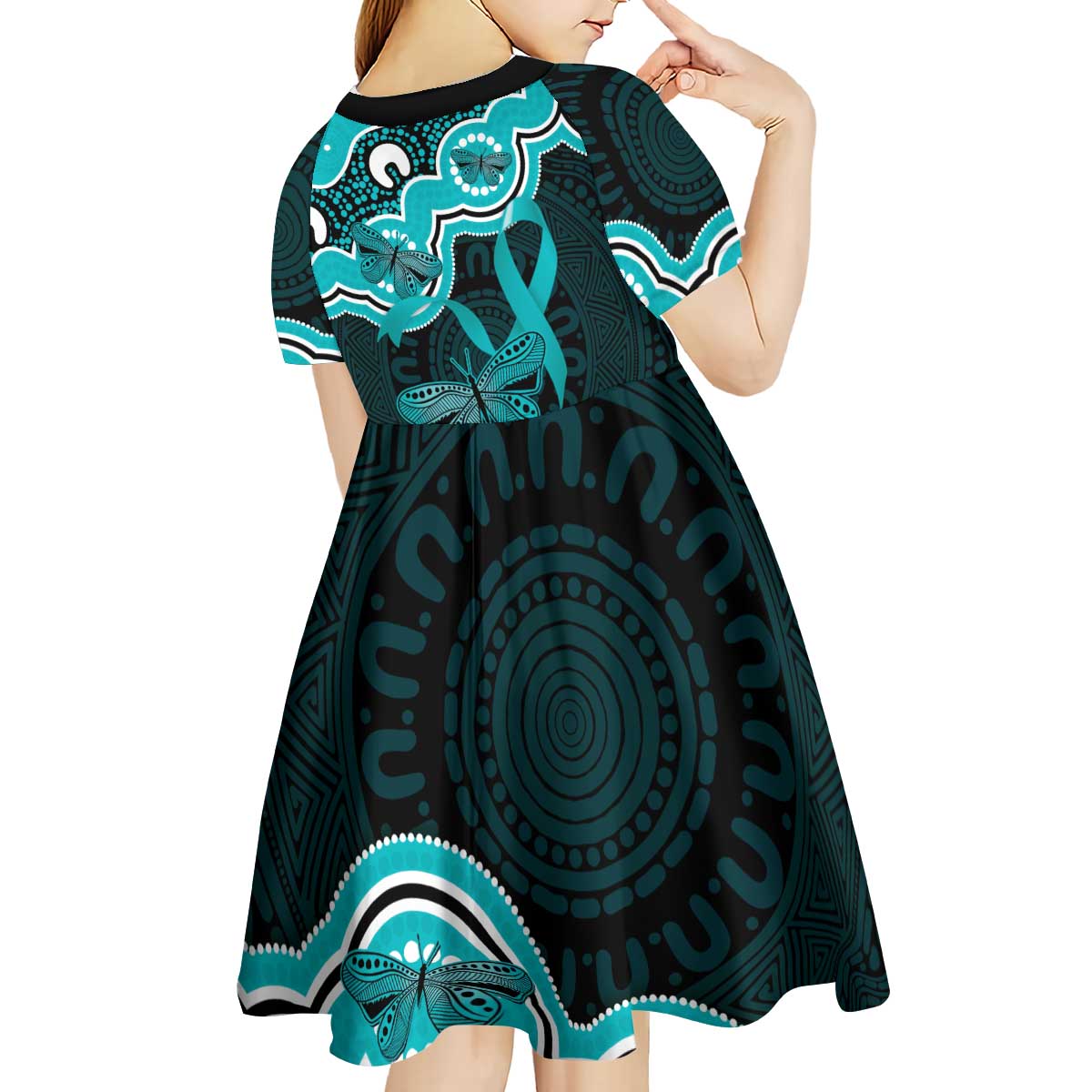 Cyan Ribbon PTSD Awareness Month Kid Short Sleeve Dress Aboriginal Art - Aussie Hoodie