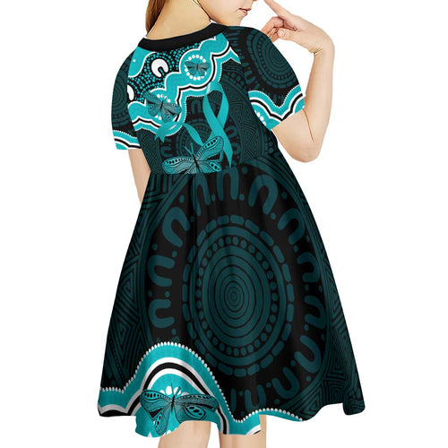 Cyan Ribbon PTSD Awareness Month Kid Short Sleeve Dress Aboriginal Art - Aussie Hoodie