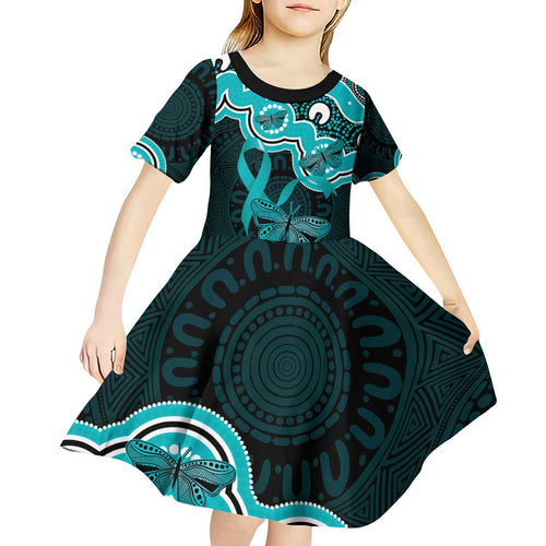 Cyan Ribbon PTSD Awareness Month Kid Short Sleeve Dress Aboriginal Art - Aussie Hoodie