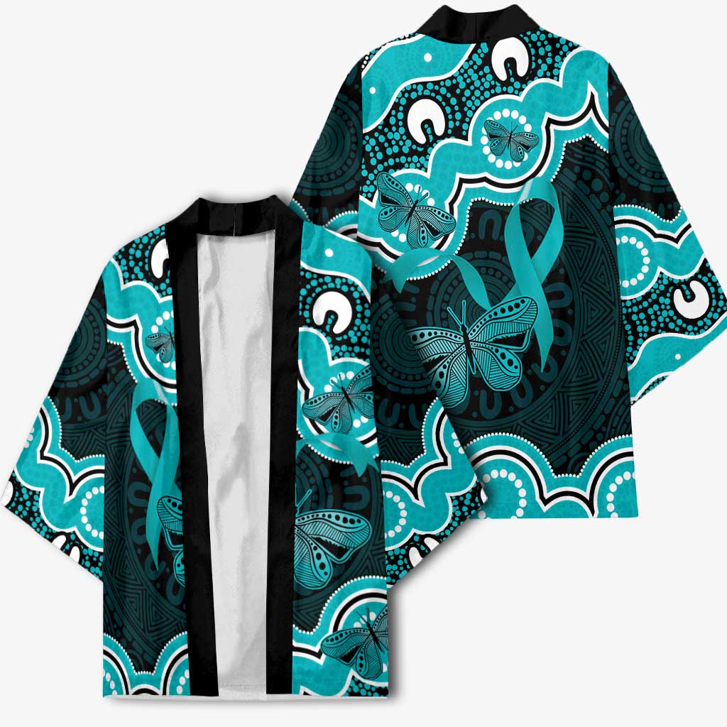 Cyan Ribbon PTSD Awareness Month Kimono Aboriginal Art - Aussie Hoodie